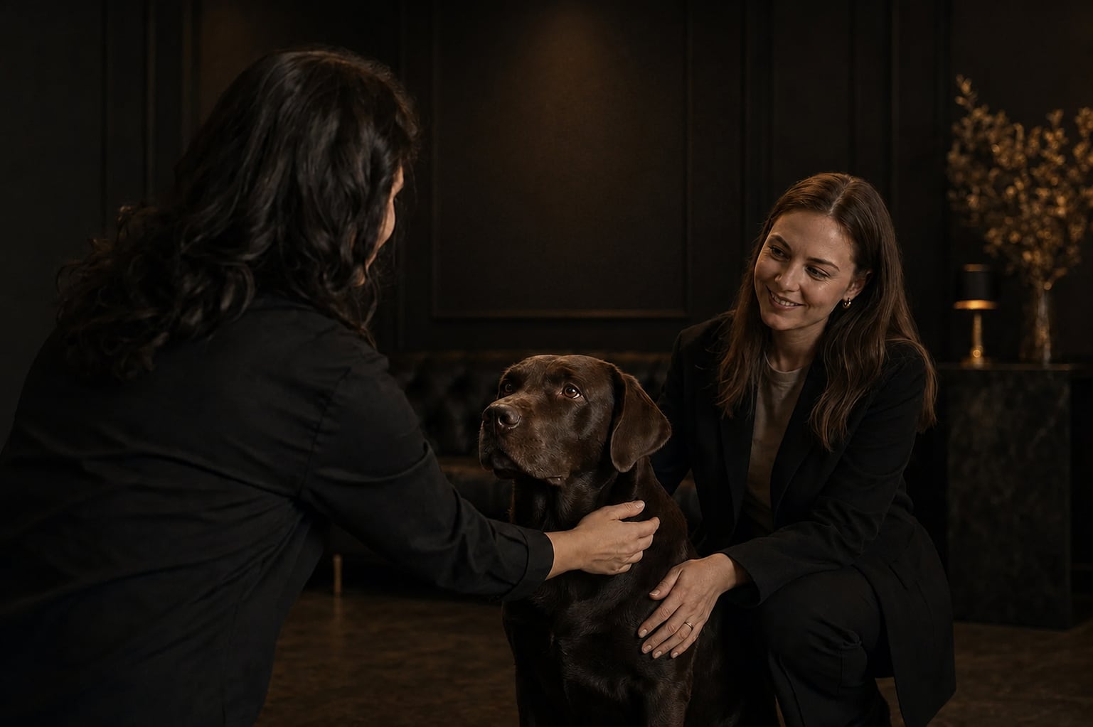 Ruhiger Ankommensmoment im dunklen Studio mit Hund und Kundin