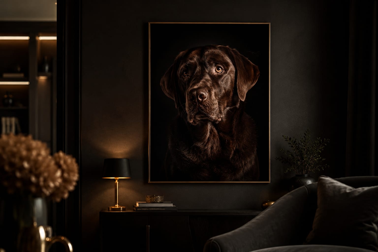 Gerahmtes Fine-Art-Hundeporträt an einer Wohnzimmerwand