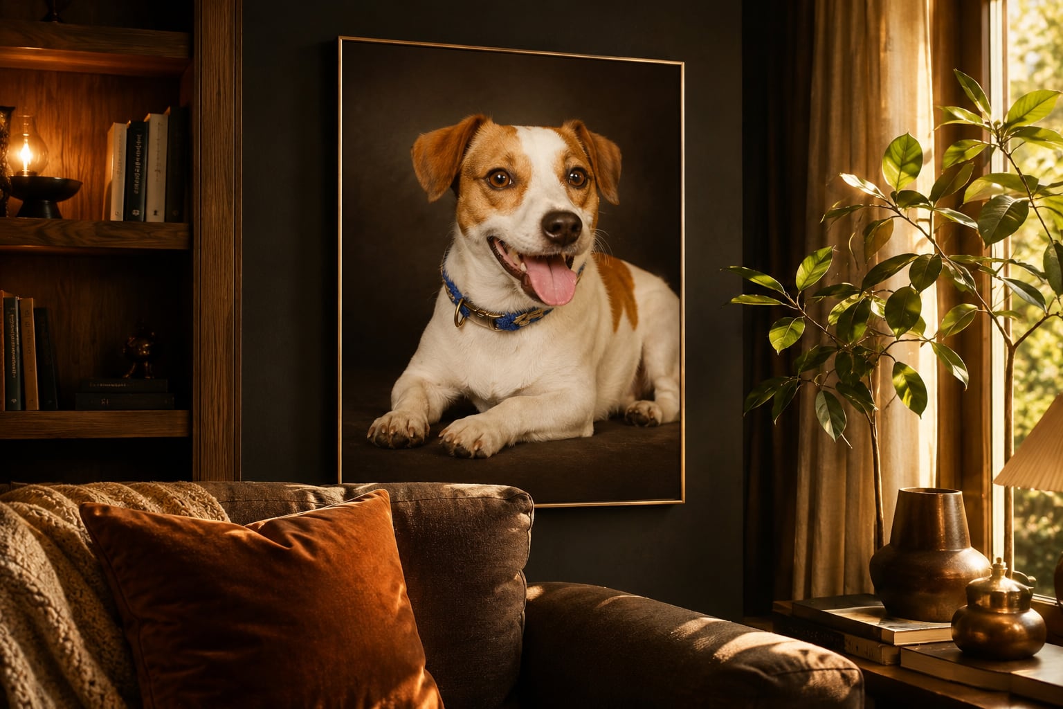 Gerahmtes Fine-Art-Hundeporträt als Wandbild in einem warmen Wohnzimmer